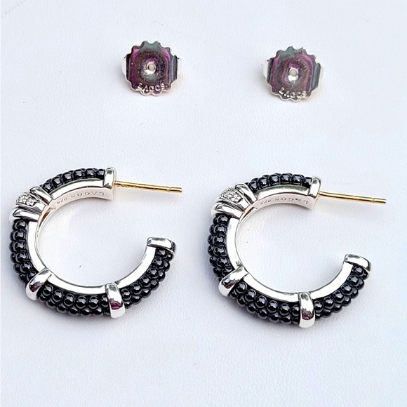 Lagos Sterling Silver Black Caviar Ceramic 23mm Diamond Hoop